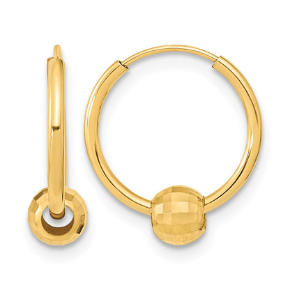 14K Polished with Diamond Cut Ball Hoop Earrings