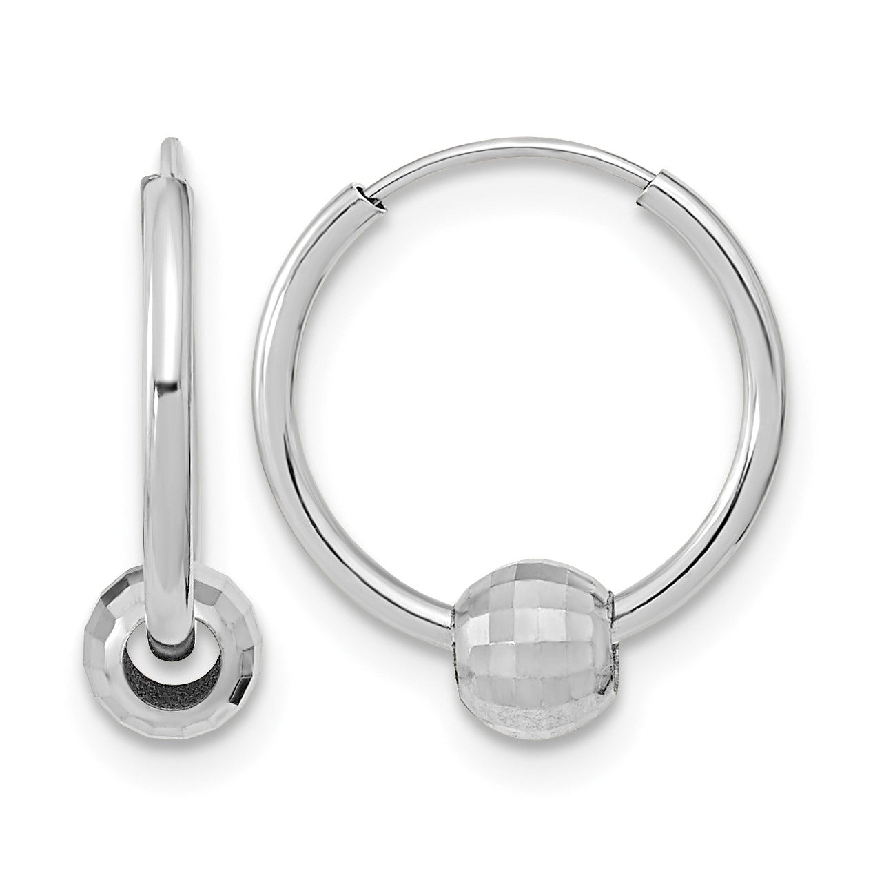 14K White Gold Polished Hoop with a Diamond Cut Ball Earrings