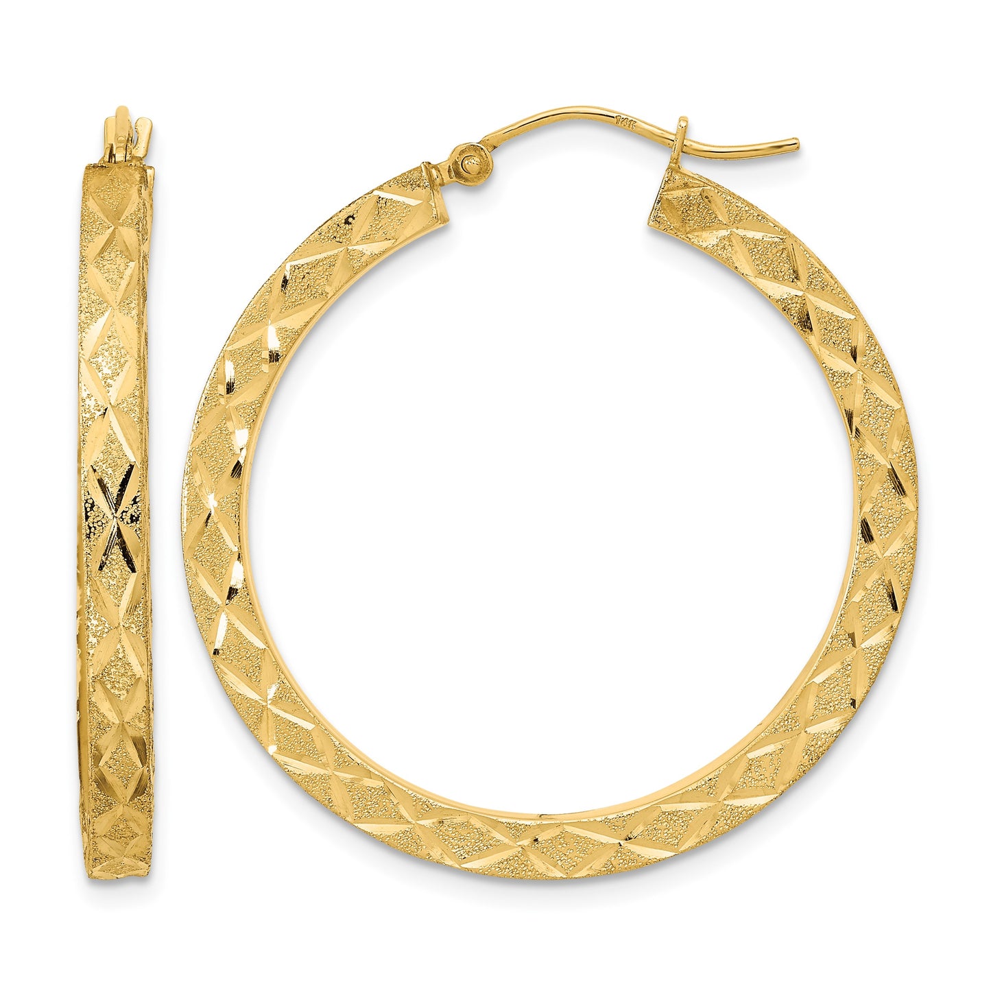 14K Satin Diamond-cut Hoop Earrings