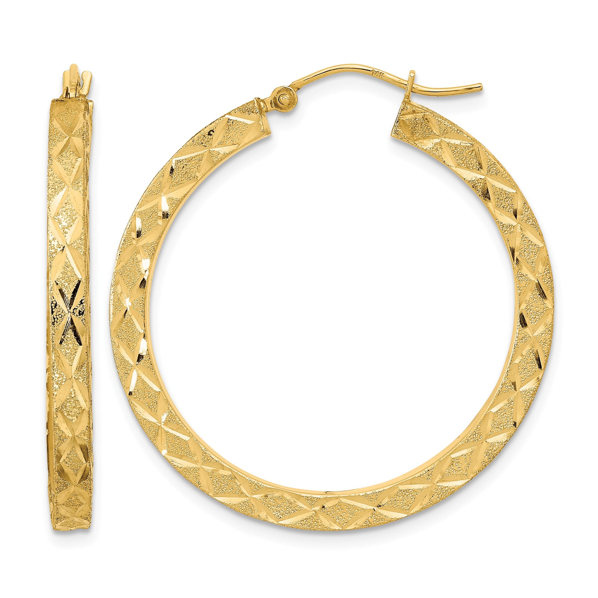 14K Satin Diamond-cut Hoop Earrings
