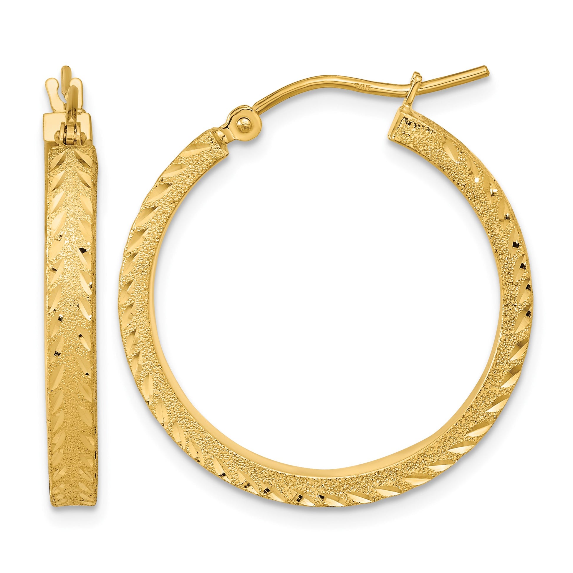 14K 3x26mm Polished Satin Diamond-cut Fancy Hoop Earrings