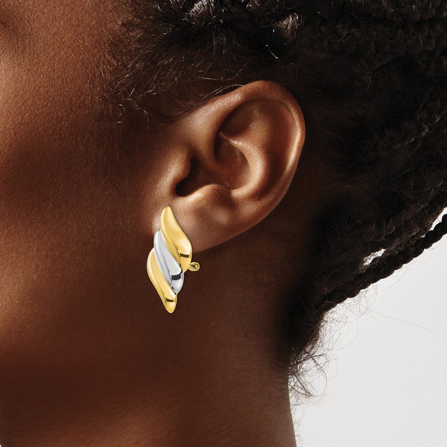 14k and White Rhodium Diagonal Ribbed Omega Back Non-pierced Earrings