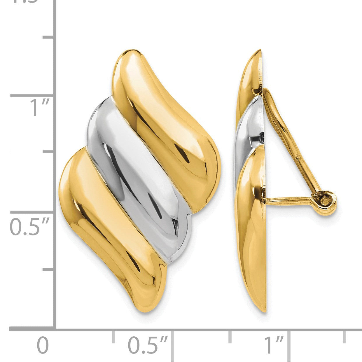 14k and White Rhodium Diagonal Ribbed Omega Back Non-pierced Earrings