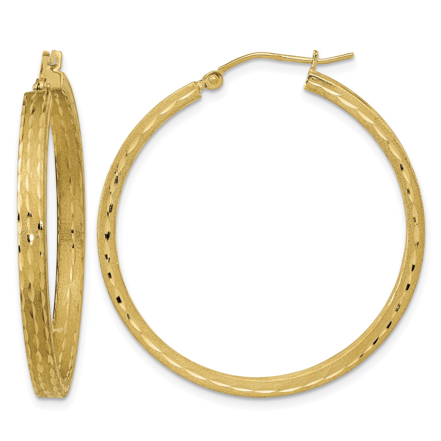 14K Satin and Diamond-cut Hoop Earrings