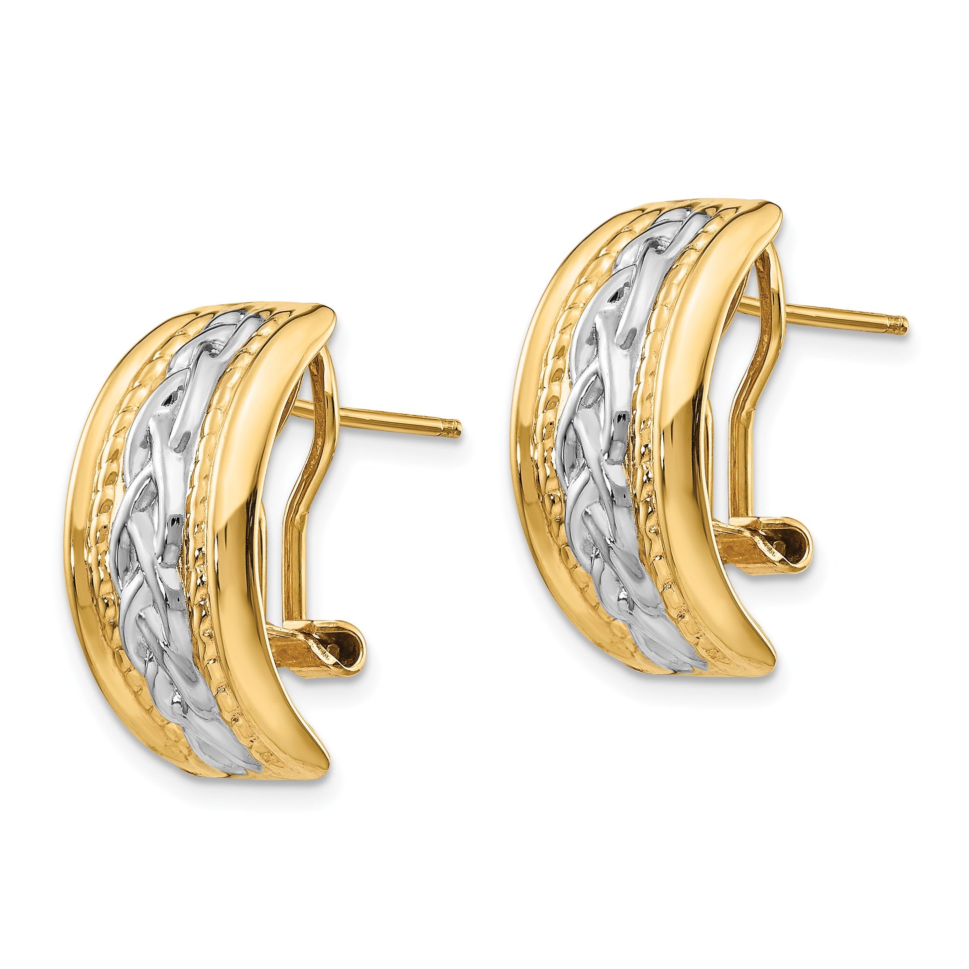 14k and White Rhodium 11.5x20mm Polished Braided Omega Back Post Earrings