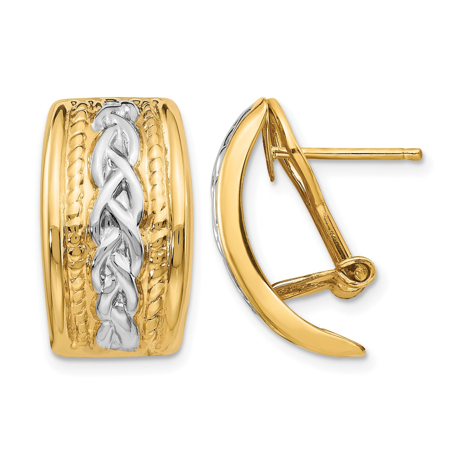 14k and White Rhodium 11.5x20mm Polished Braided Omega Back Post Earrings