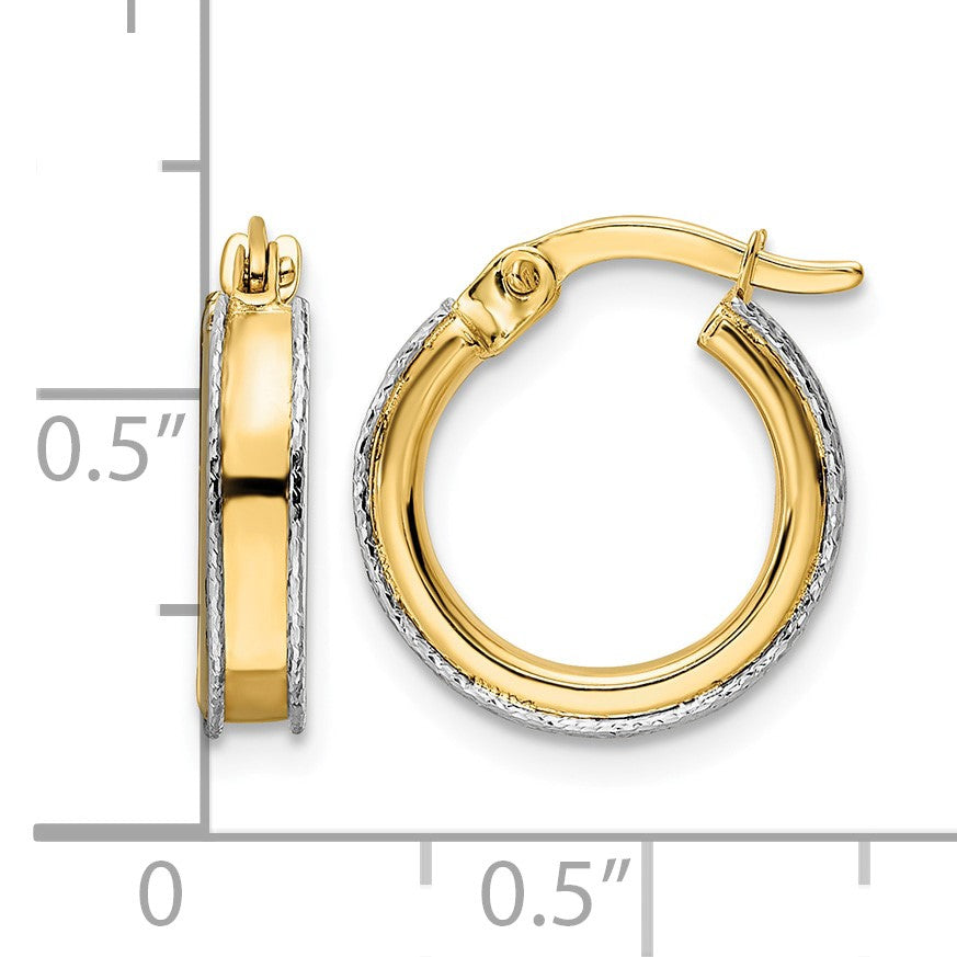 14k Two-tone Diamond-cut Edge 3x14mm Round Hoop Earrings