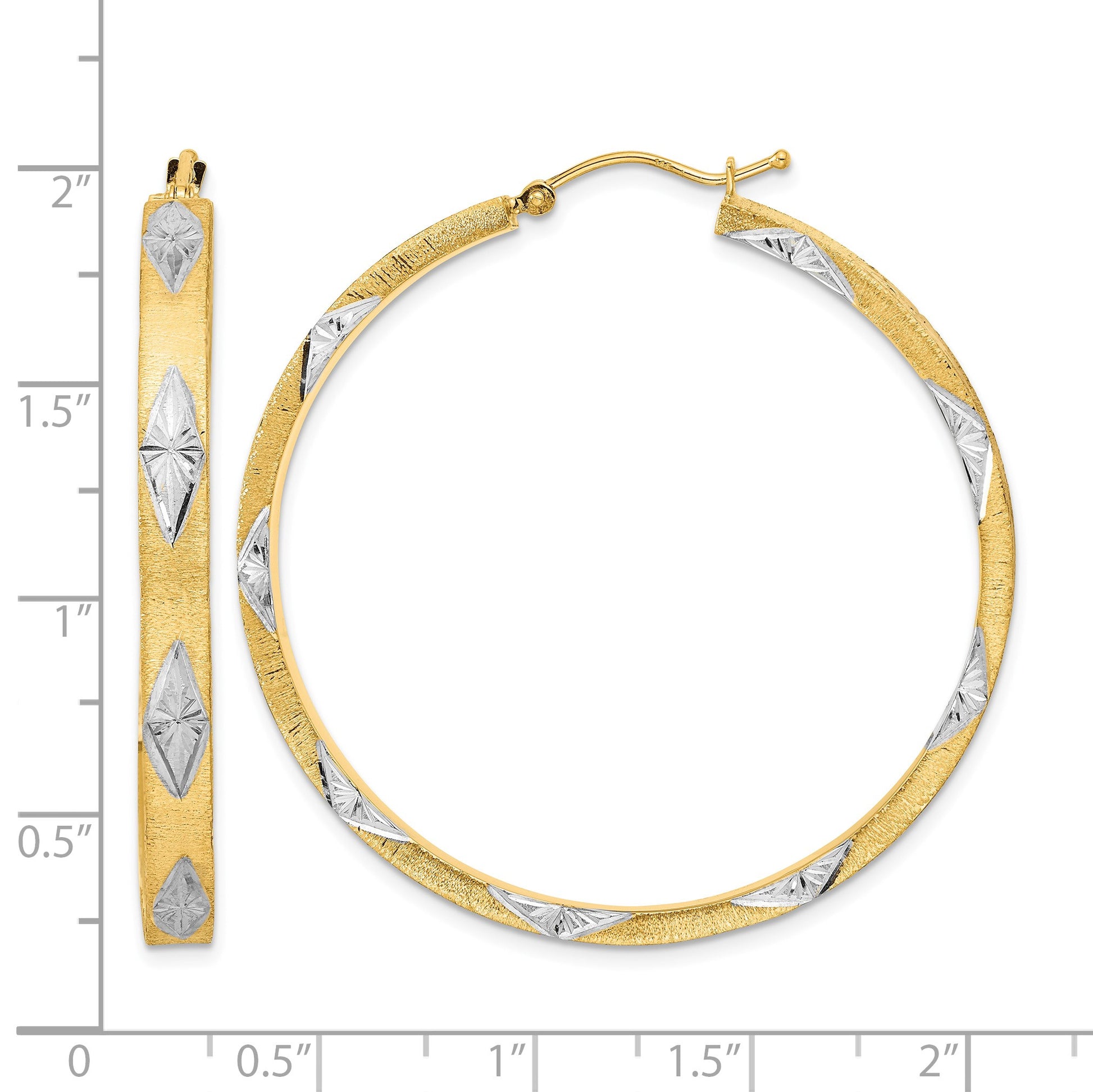 14K White Rhodium Polished Satin Diamond-cut Fancy Hoop Earrings