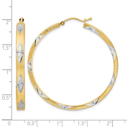 14K White Rhodium Polished Satin Diamond-cut Fancy Hoop Earrings