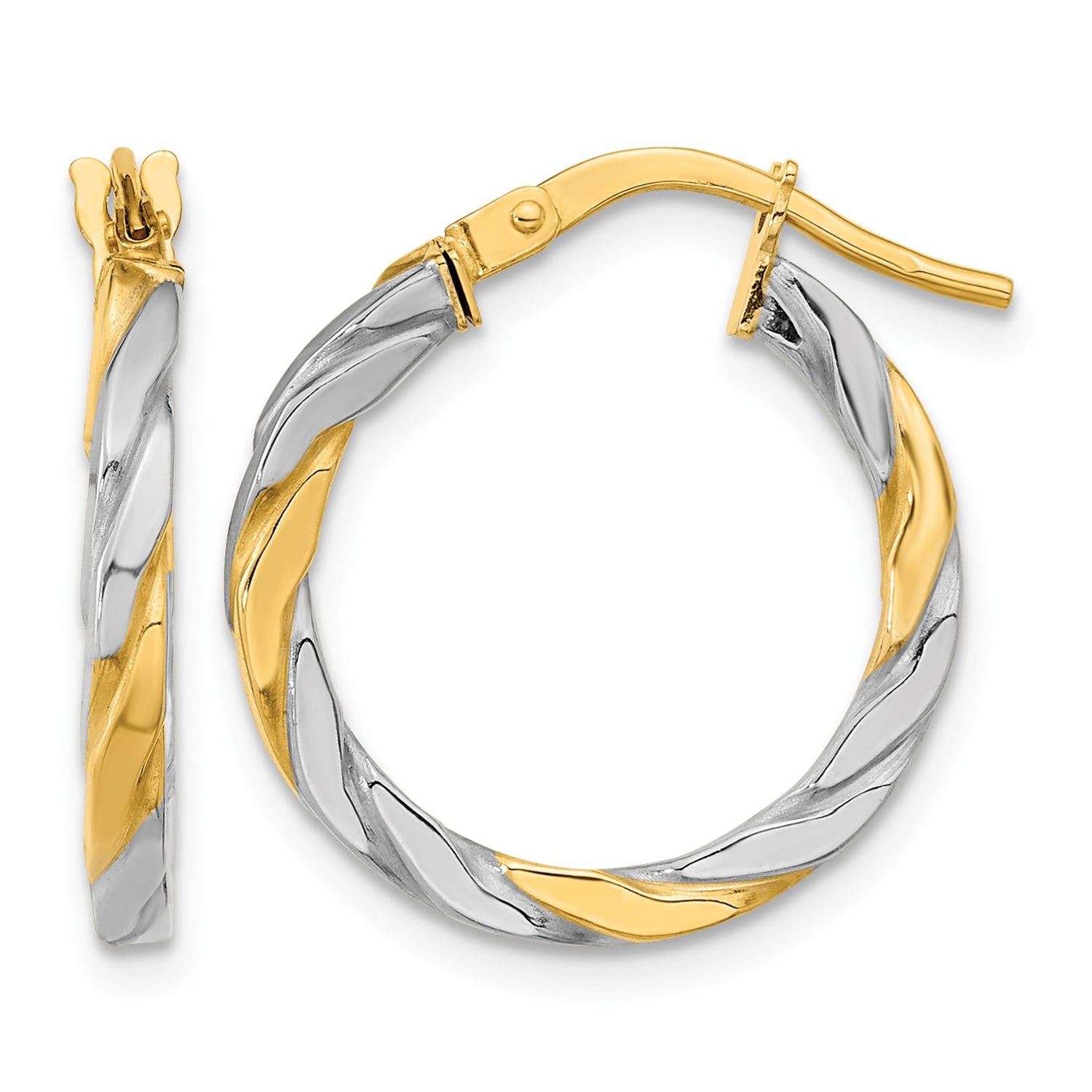 14K & White Rhodium Polished & Twist Hoop Earrings