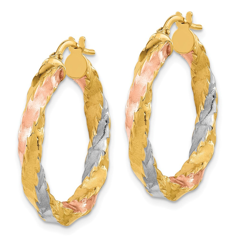 14K with Rose & White Rhodium Polished Twisted Hoop Earrings