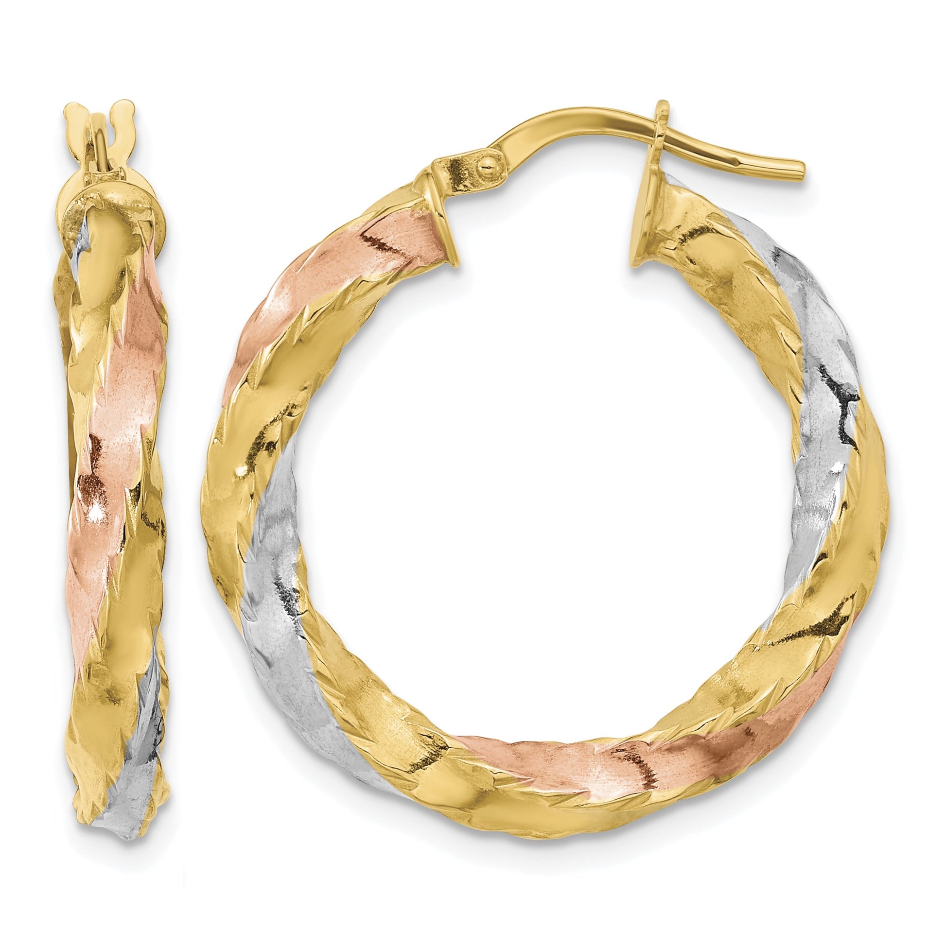 14K with Rose & White Rhodium Polished Twisted Hoop Earrings