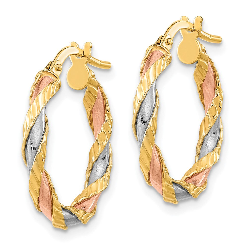 14K with Rose & White Rhodium Textured Twisted Hoop Earrings