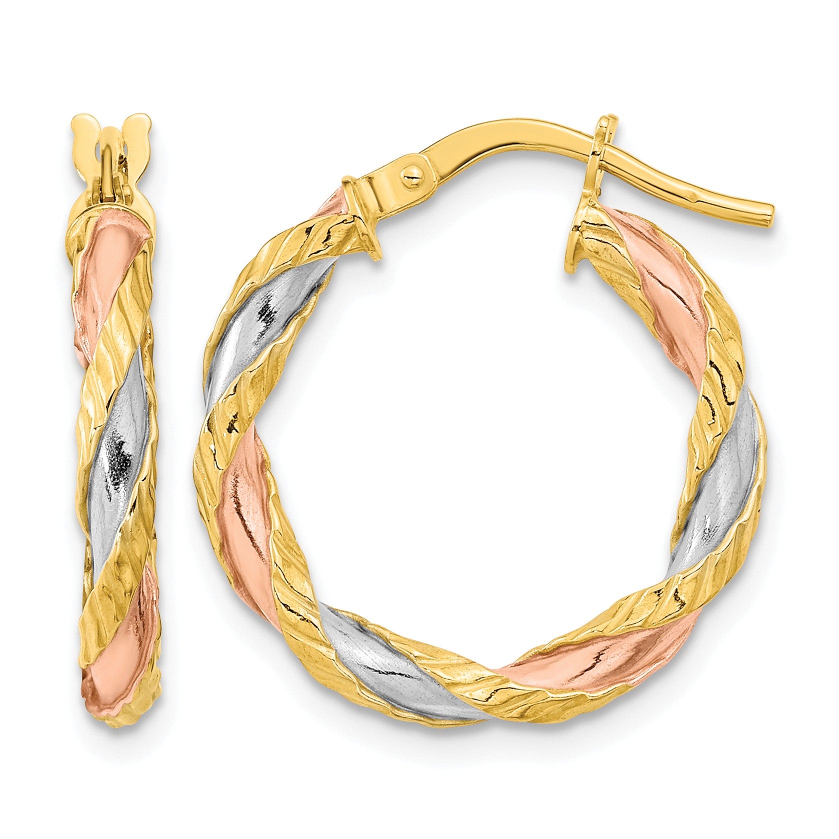 14K with Rose & White Rhodium Textured Twisted Hoop Earrings