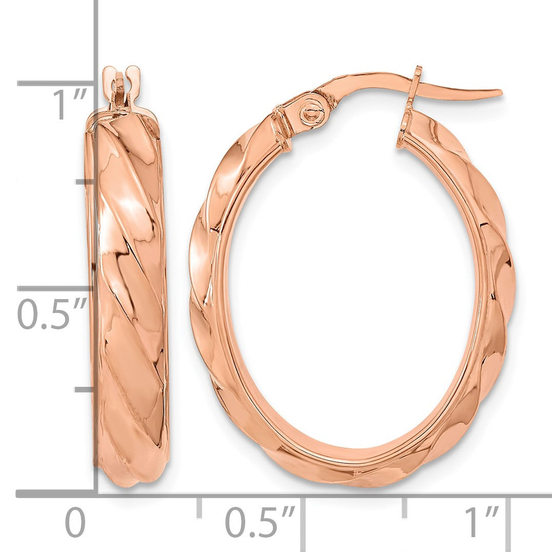 14K Rose Polished and Twisted Oval Hoop Earrings