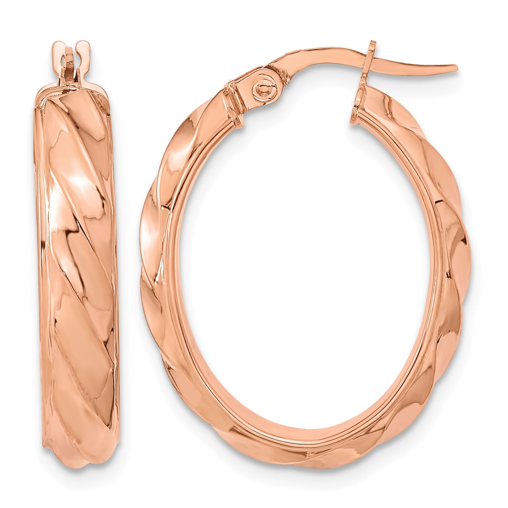 14K Rose Polished and Twisted Oval Hoop Earrings