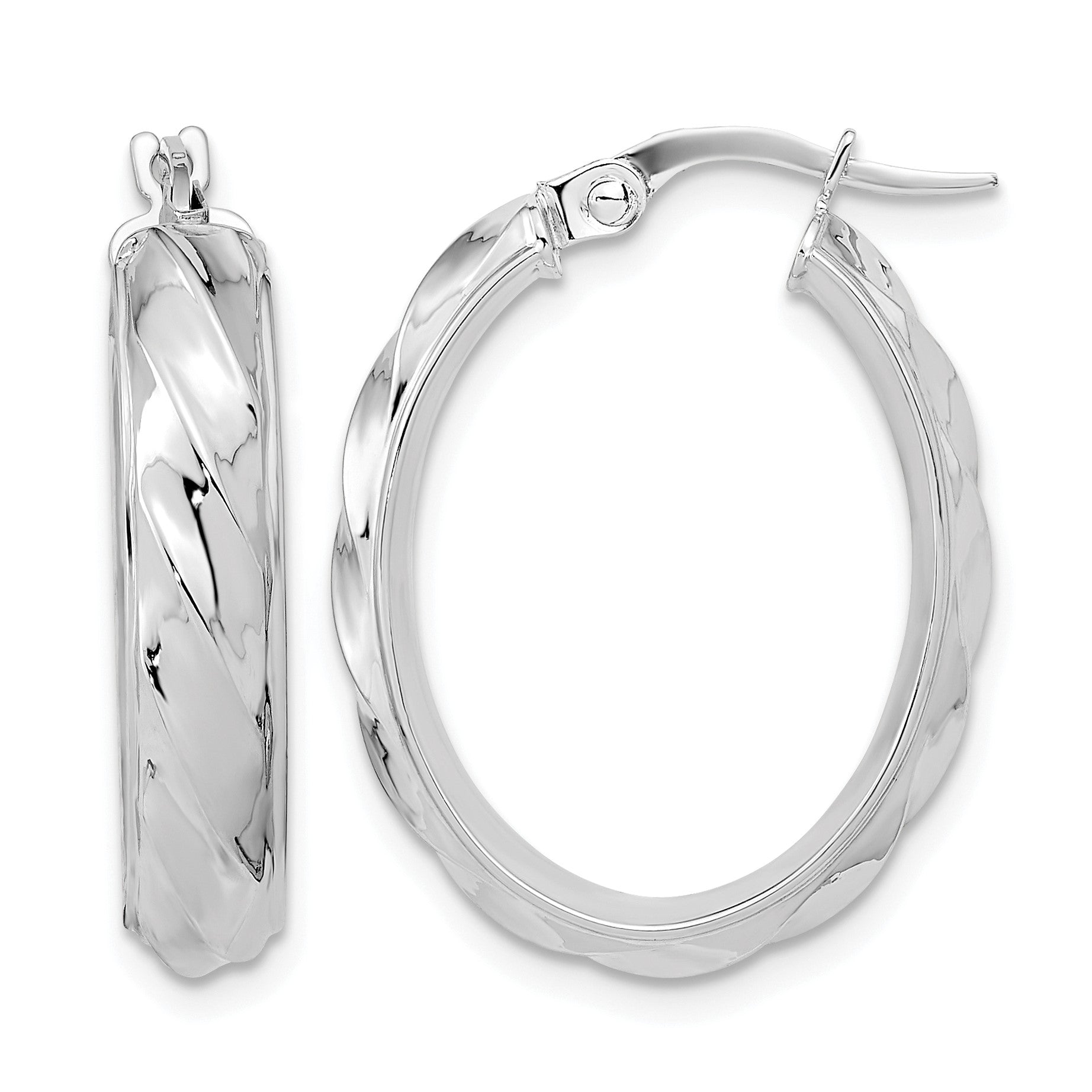 14K White Gold Polished and Twisted Oval Hoop Earrings
