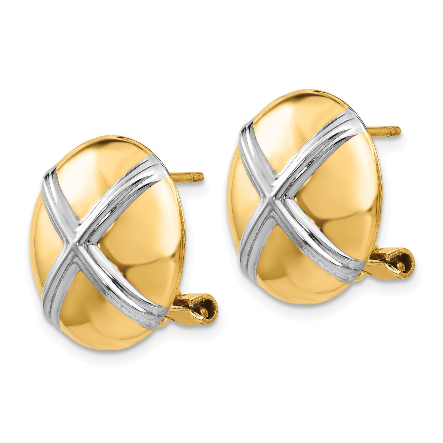 14k and White Rhodium 16mm Polished X-Circle Omega Back Post Earrings
