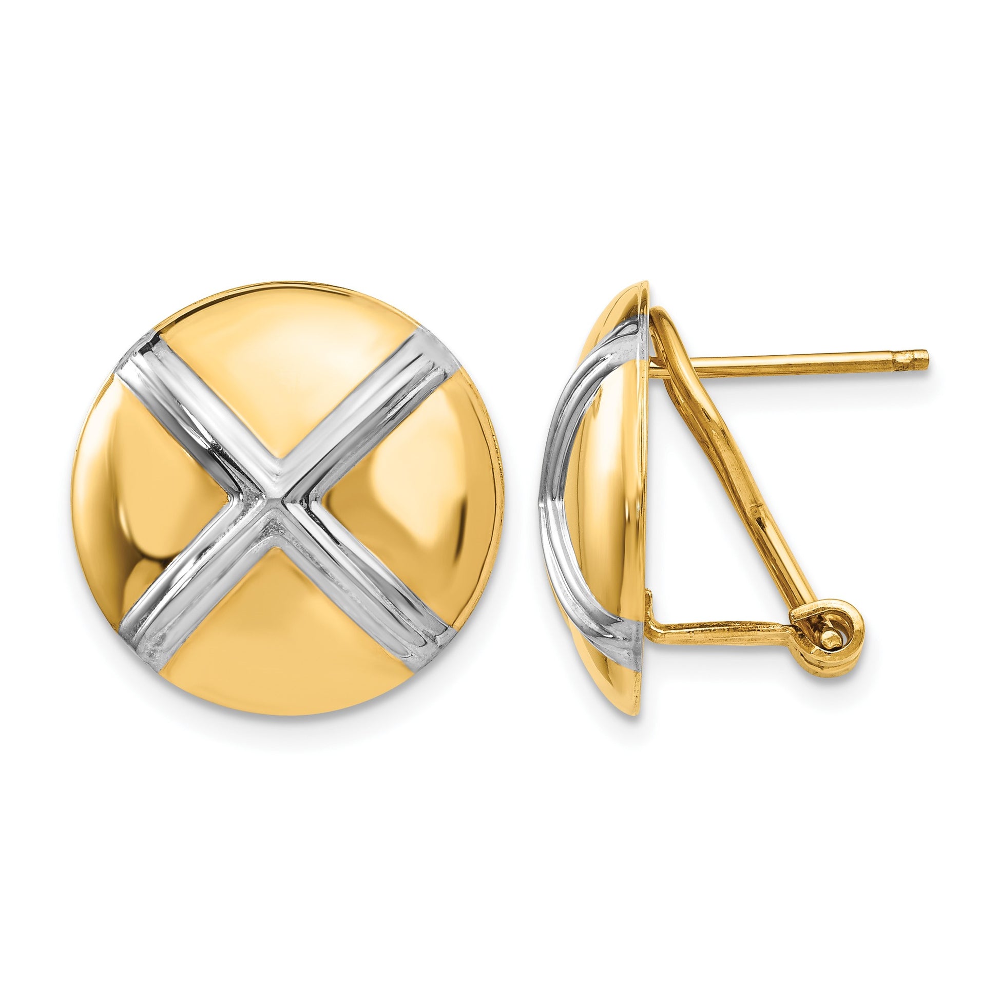 14k and White Rhodium 16mm Polished X-Circle Omega Back Post Earrings