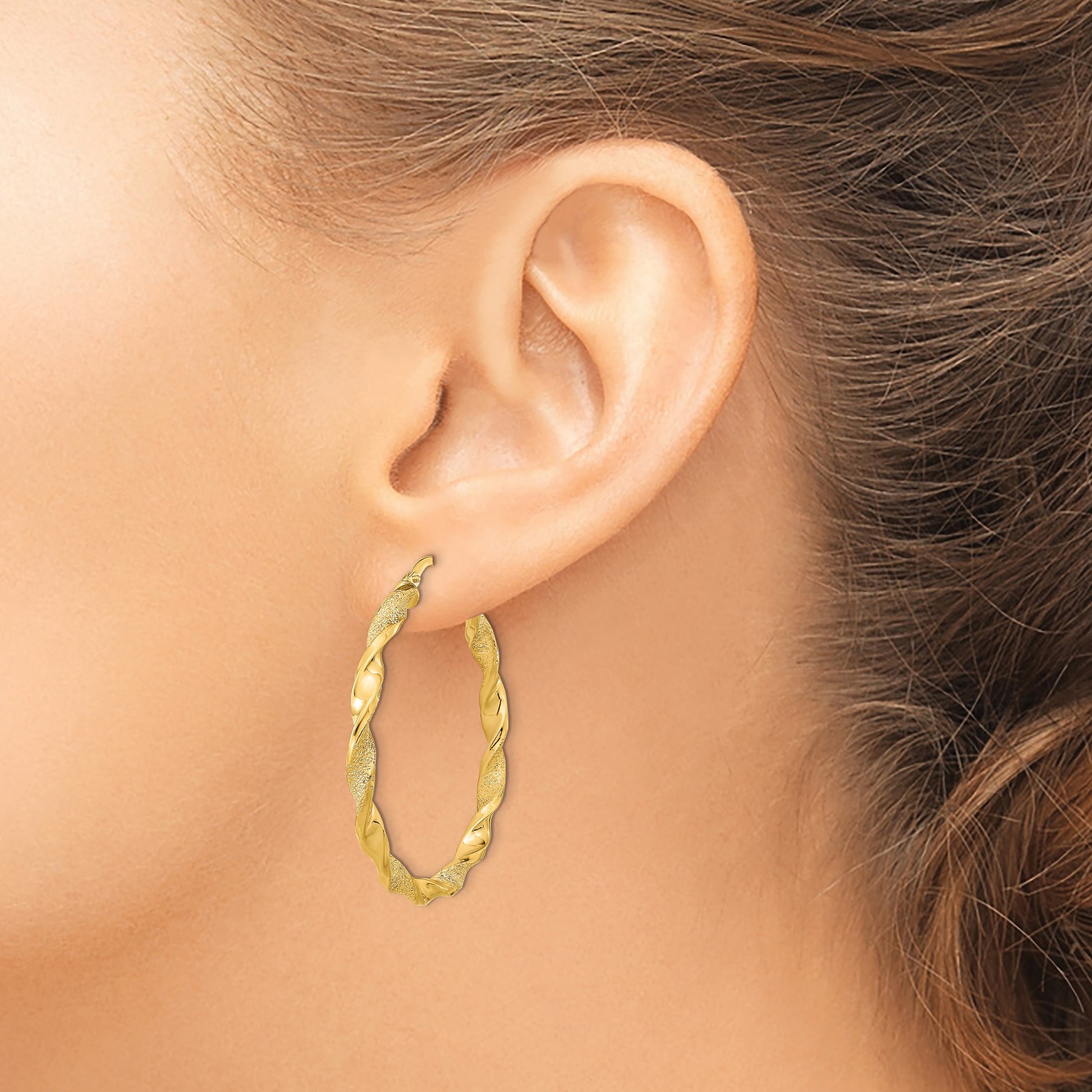 14K Polished and Textured Twisted Hoop Earrings