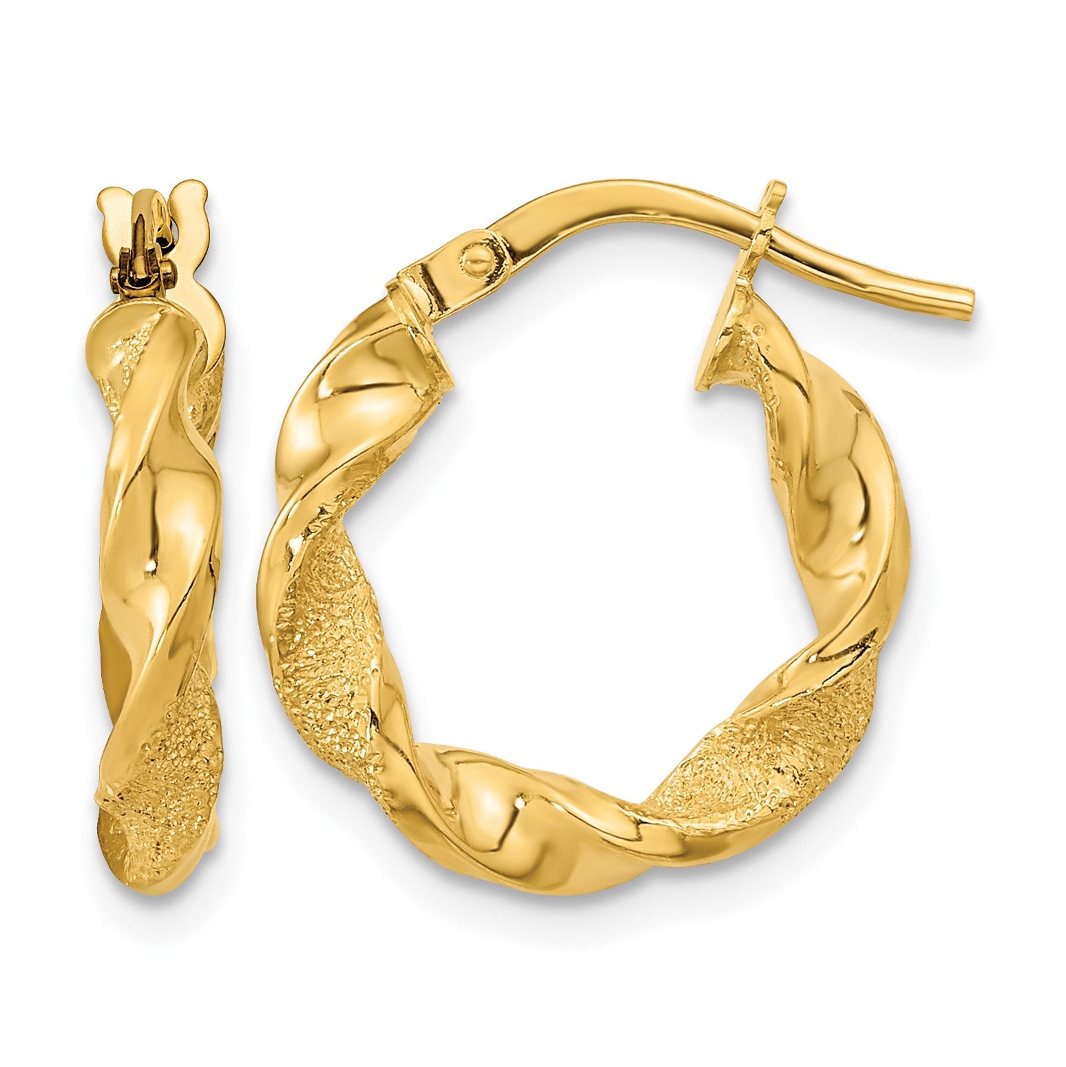 14K Polished and Textured Twisted Hoop Earrings