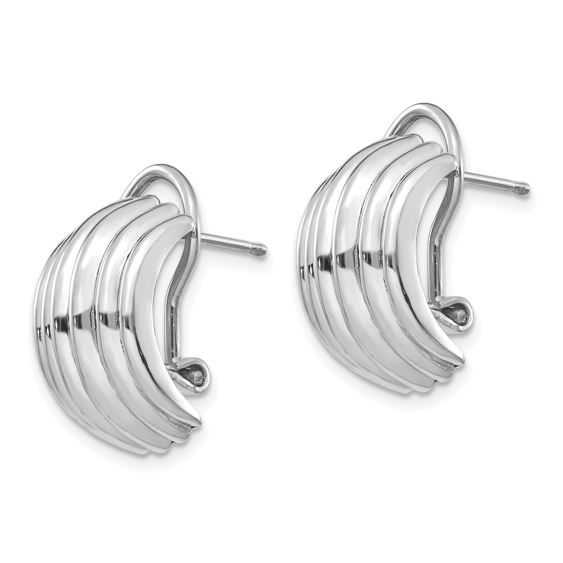 14k White Gold 9.5x16mm Polished Ribbed Half Hoop Omega Back Post Earrings