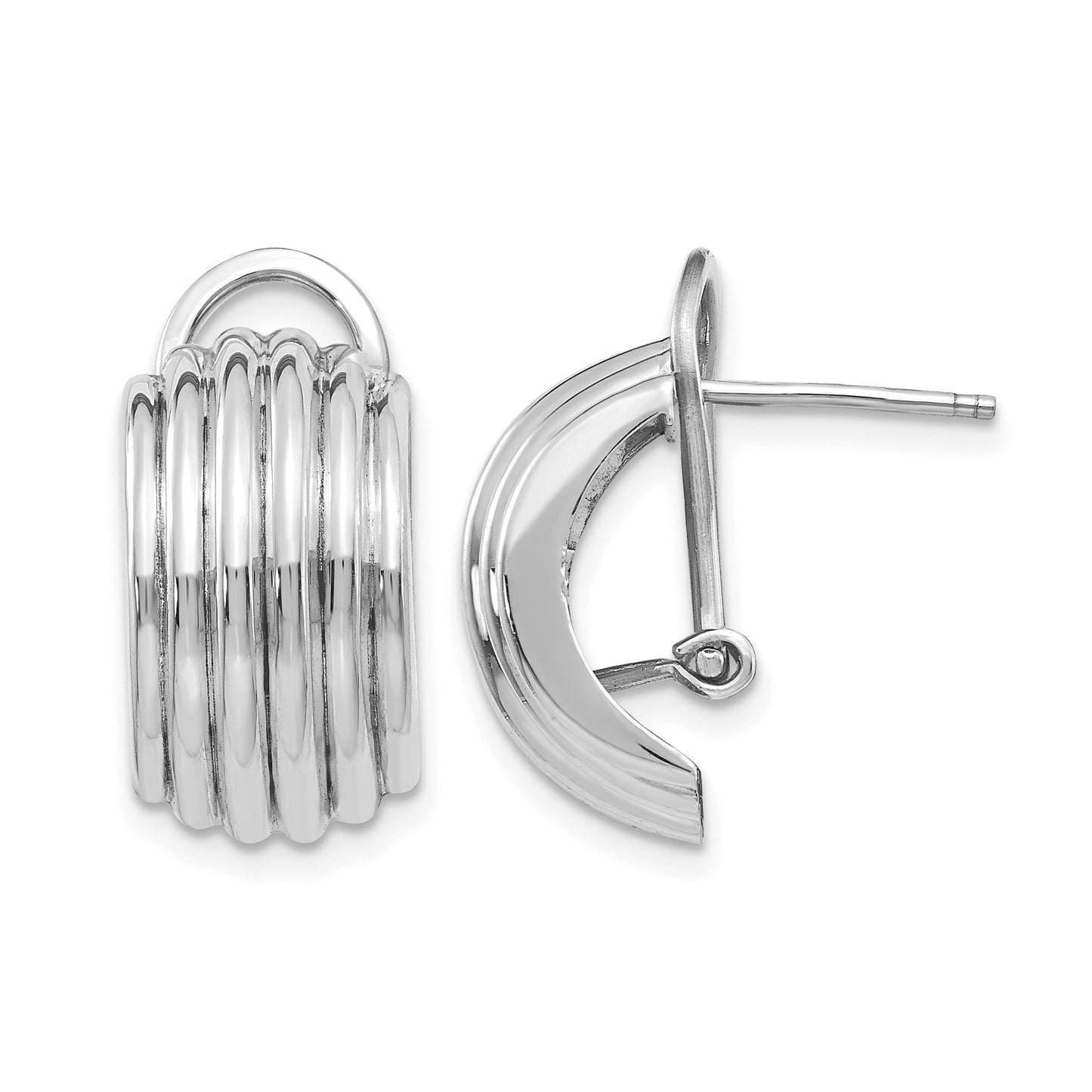 14k White Gold 9.5x16mm Polished Ribbed Half Hoop Omega Back Post Earrings