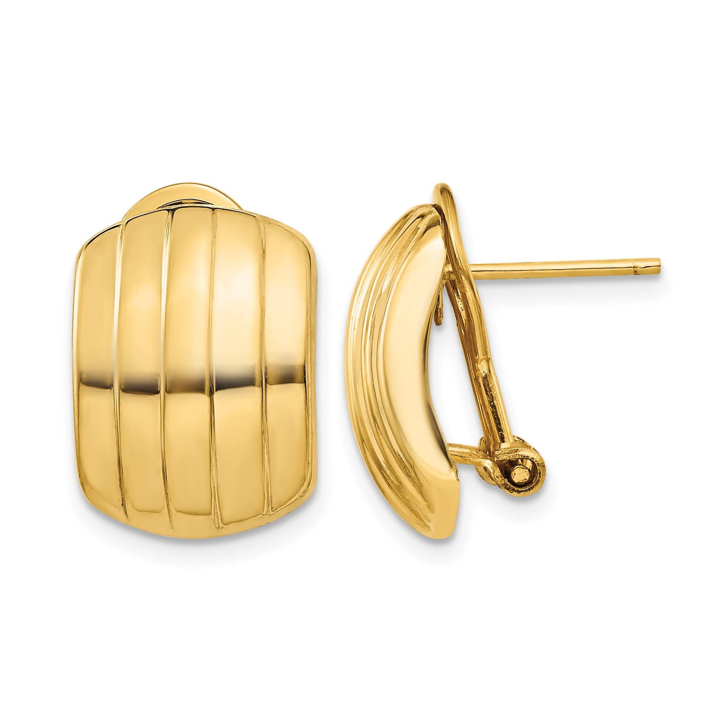14k 12x17mm Polished Ribbed Omega Back Post Earrings