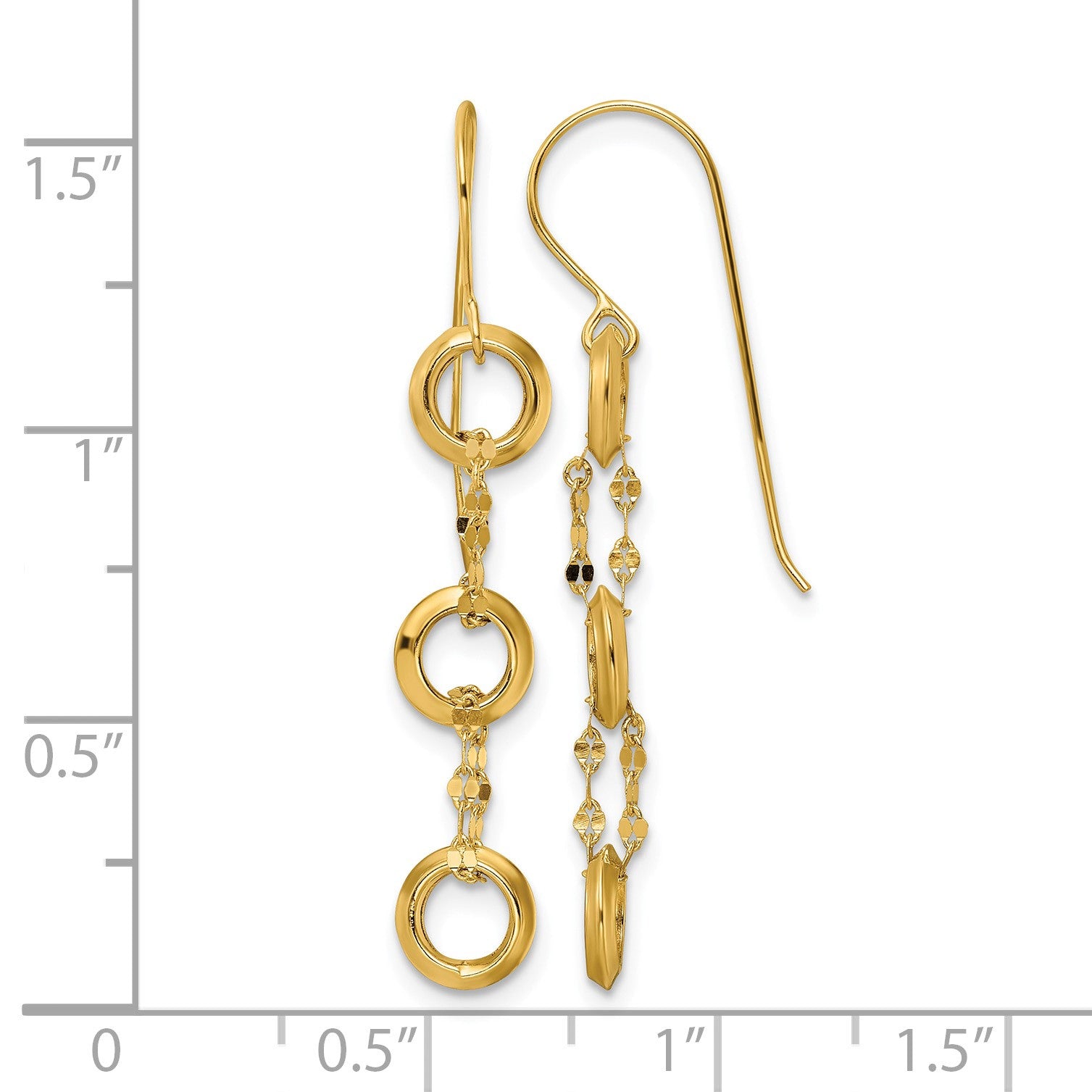 14K Three Circle and Chain Dangle French Hook Earrings