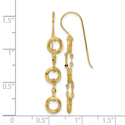 14K Three Circle and Chain Dangle French Hook Earrings