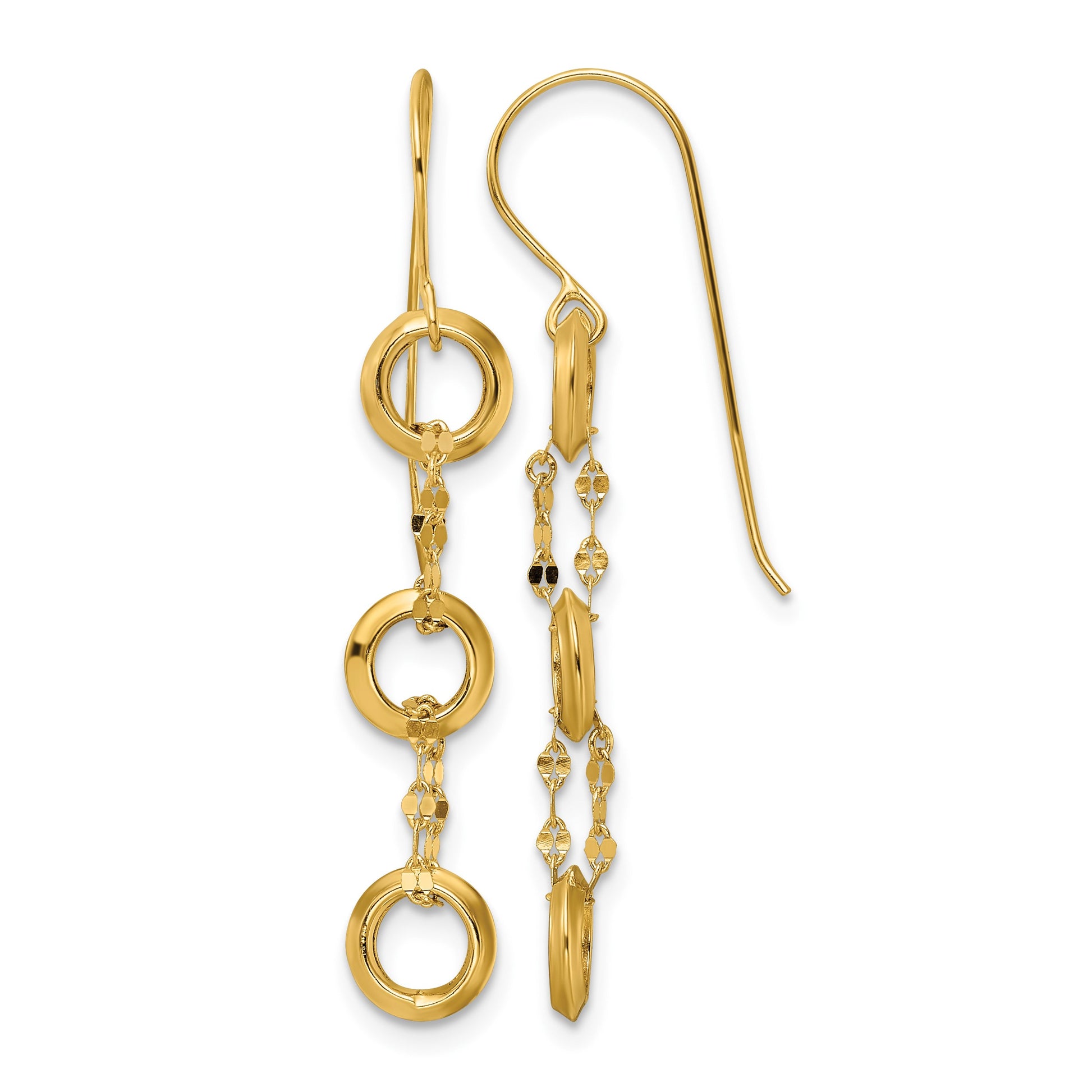 14K Three Circle and Chain Dangle French Hook Earrings