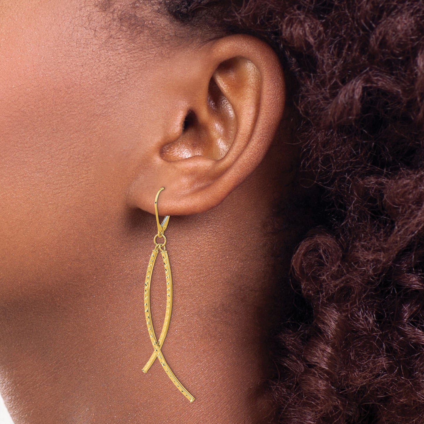 14K Polished Diamond-cut Curved Bars Dangle Leverback Earrings