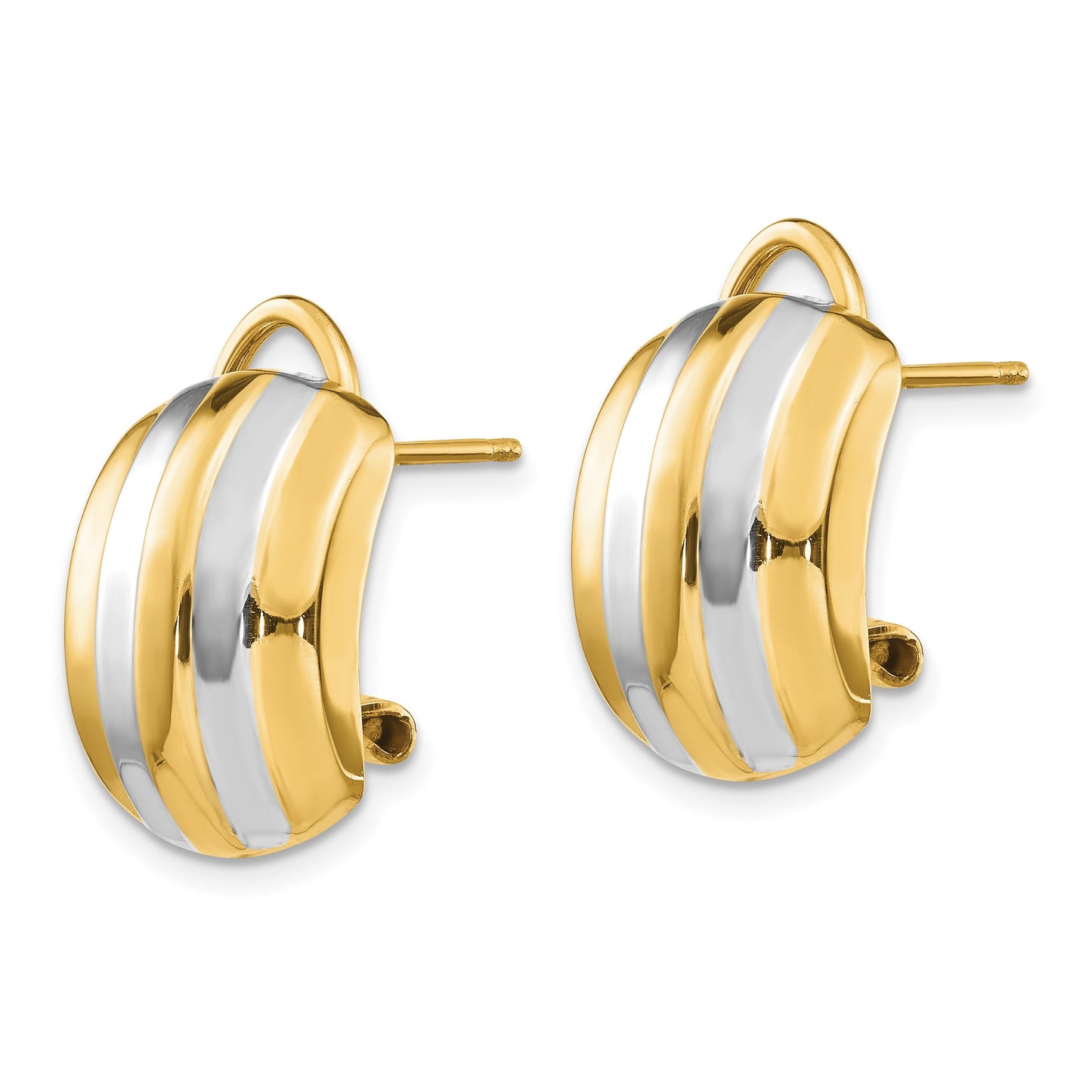 14k and White Rhodium 12x17mm Polished Ribbed Omega Back Post Earrings