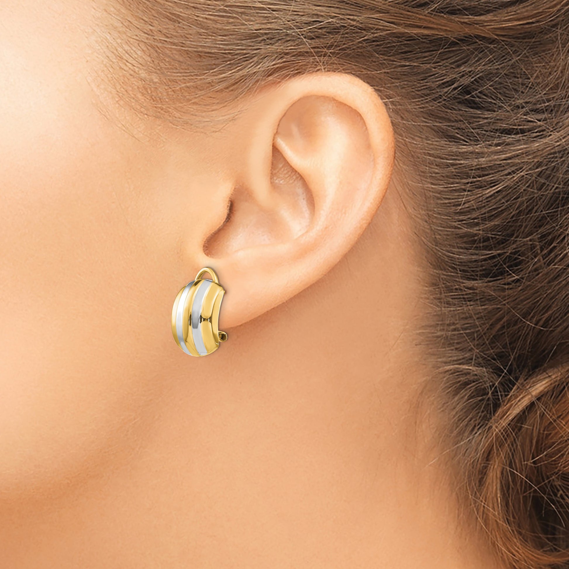 14k and White Rhodium 12x17mm Polished Ribbed Omega Back Post Earrings