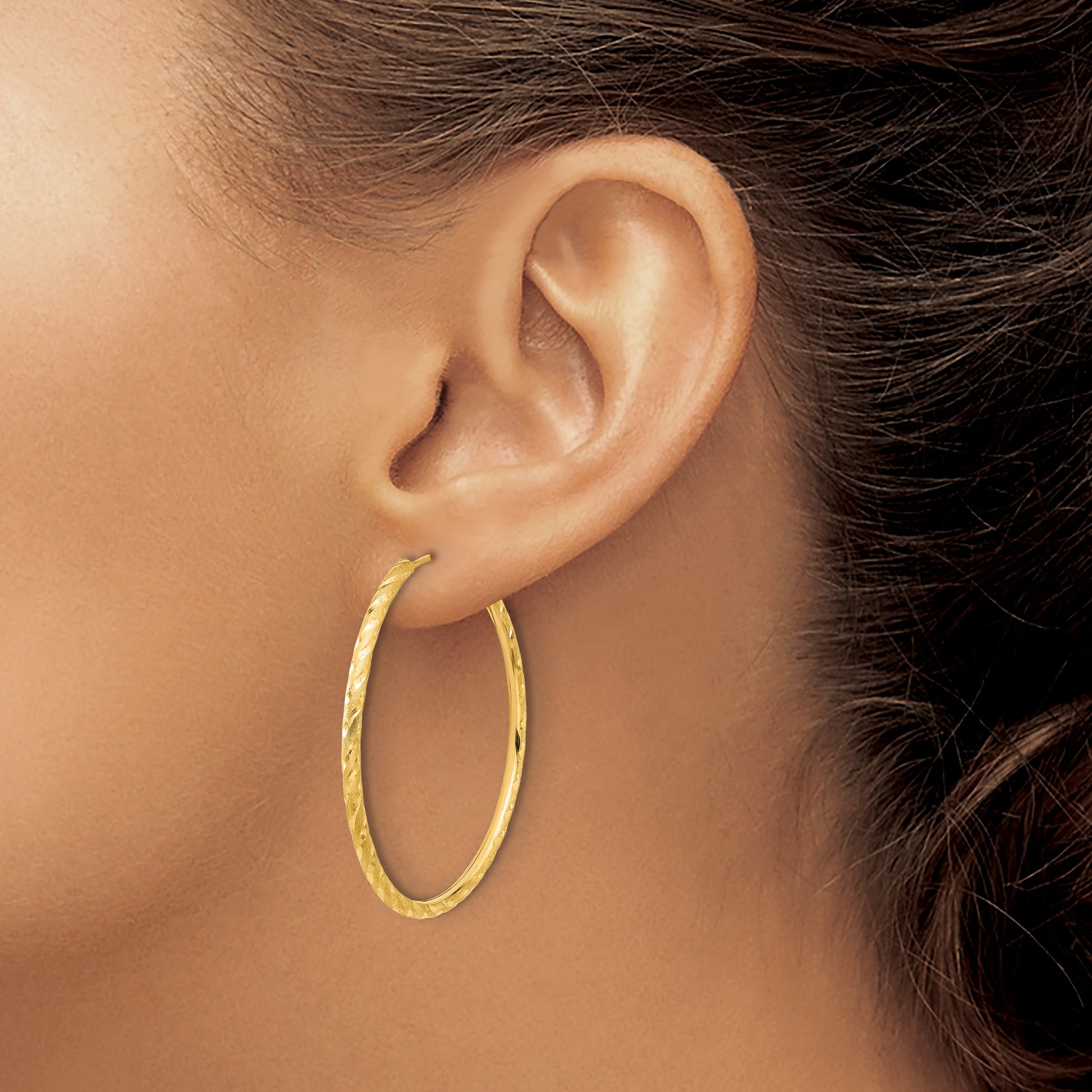 14k 2.00x40mm Polished and Satin Diamond-cut Endless Tube Hoop Earrings