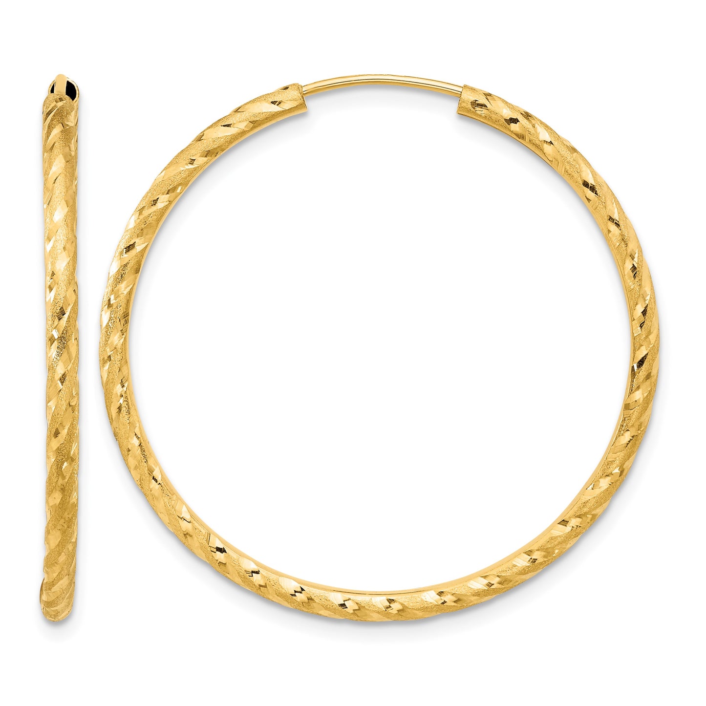 14k 2.00x35mm Polished and Satin Diamond-cut Endless Tube Hoop Earrings