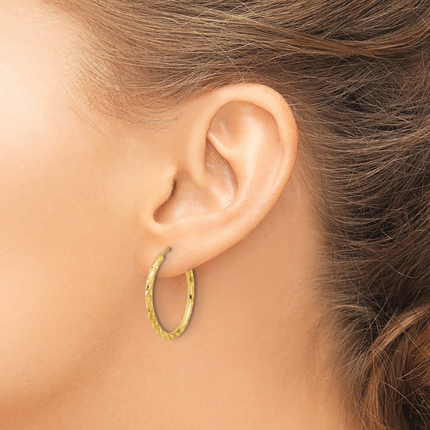 14k 2.00x25mm Polished and Satin Diamond-cut Endless Tube Hoop Earrings
