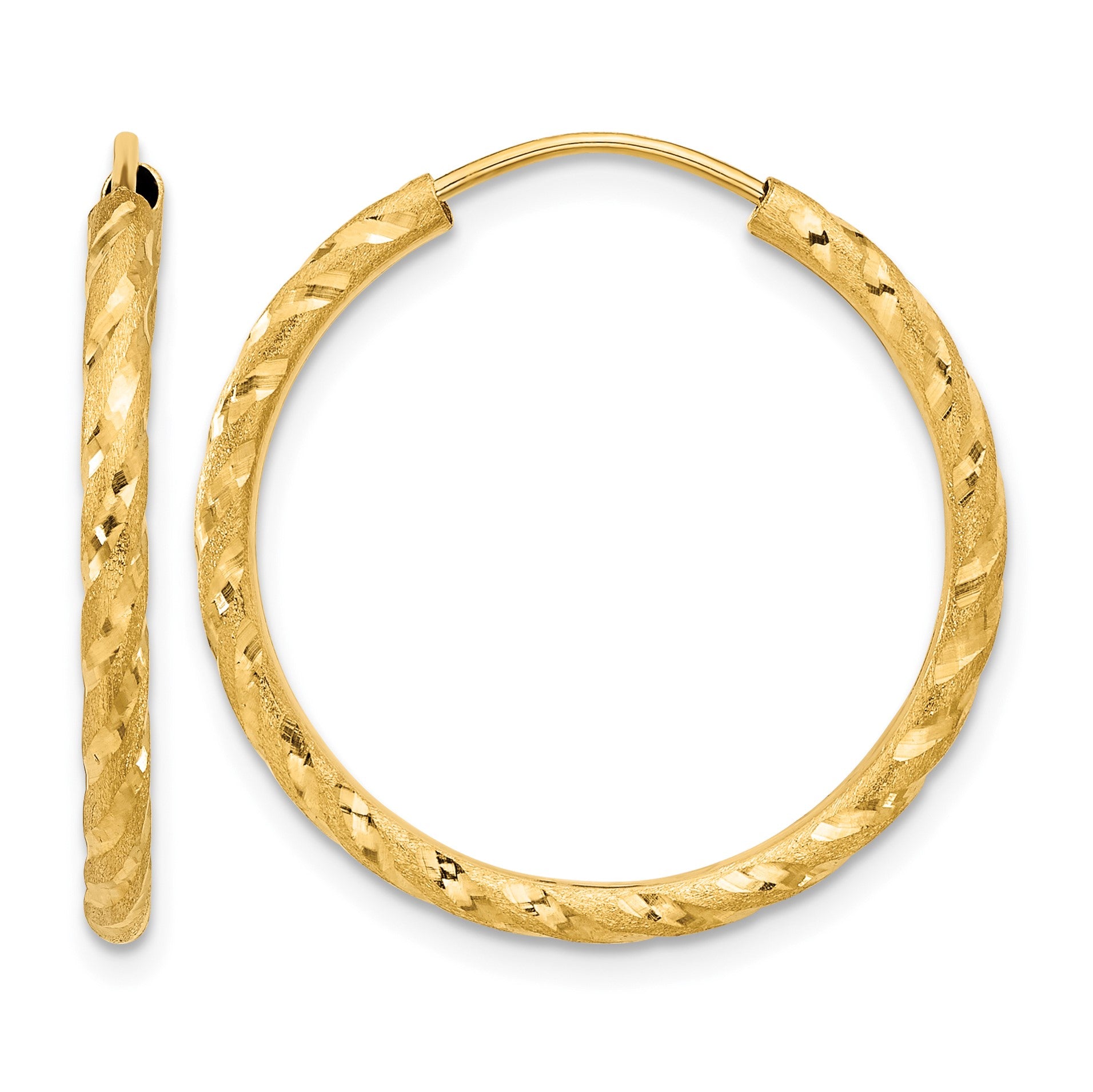 14k 2.00x25mm Polished and Satin Diamond-cut Endless Tube Hoop Earrings