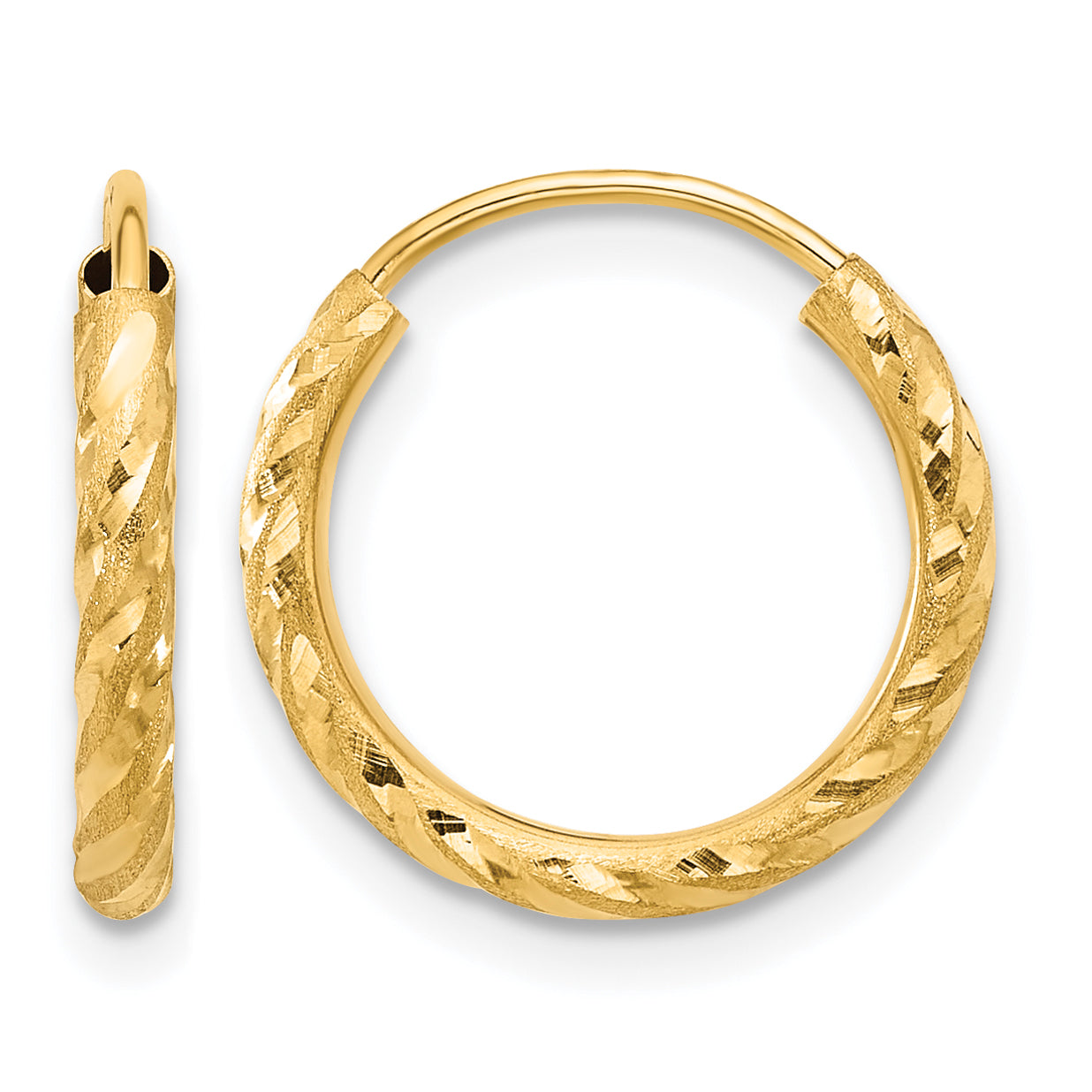 14k 2.00x15mm Polished and Satin Diamond-cut Endless Tube Hoop Earrings