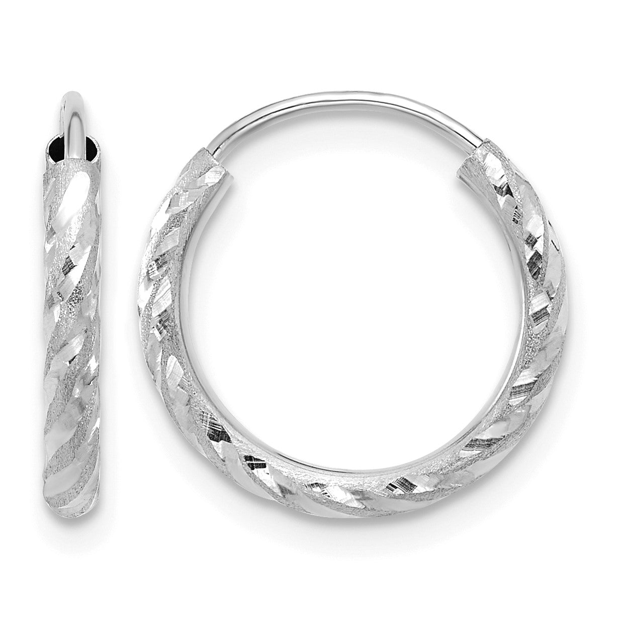 14k White Gold 2.00x14mm Polished and Satin Diamond-cut Endless Tube Hoop Earrings