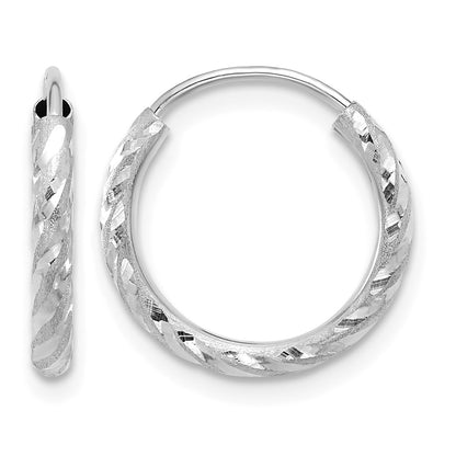 14k White Gold 2.00x14mm Polished and Satin Diamond-cut Endless Tube Hoop Earrings