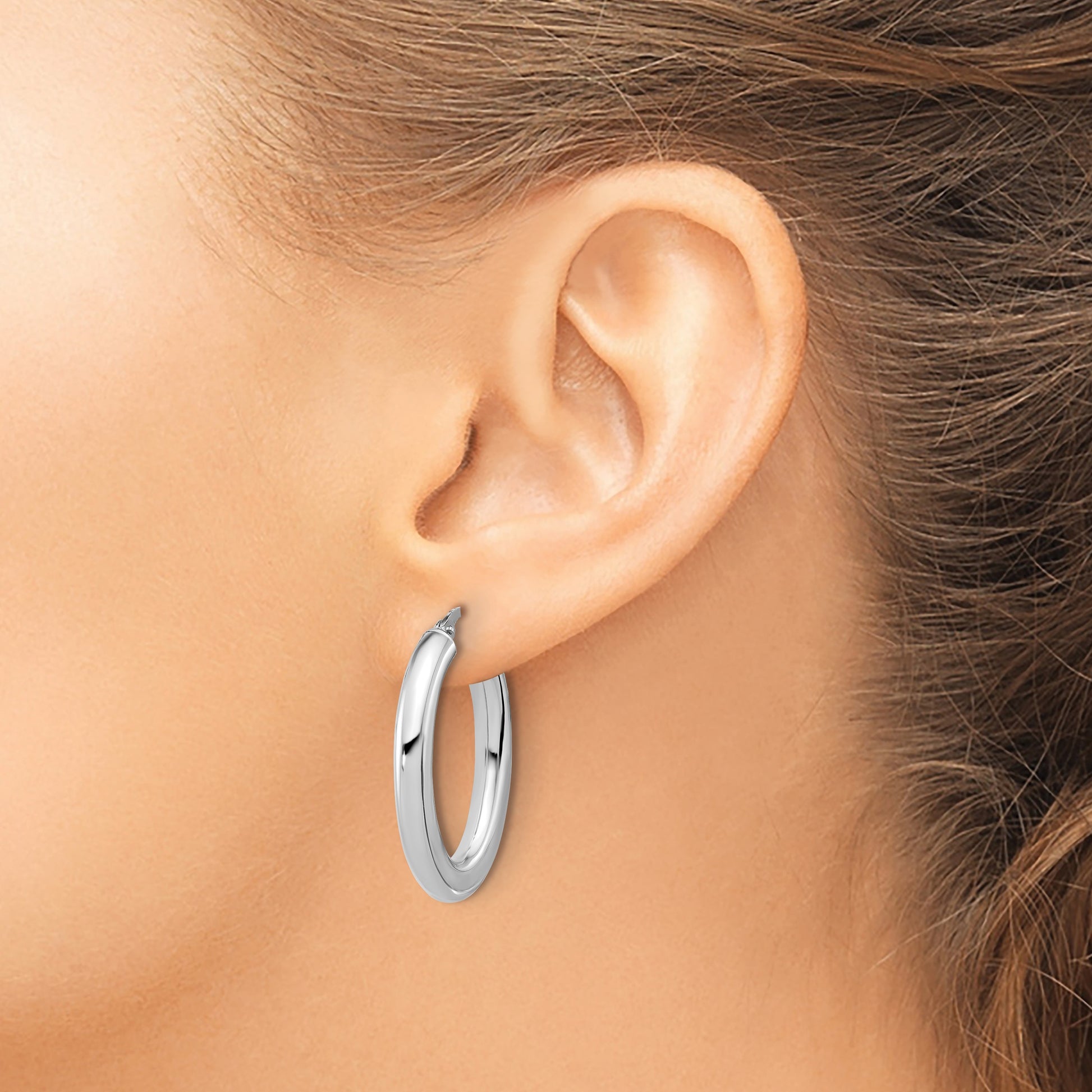 14K White Gold 3x29mm Polished Oval Tube Hoop Earrings