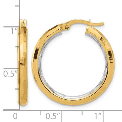 14K with White Rhodium Polished and Diamond-cut Hoop Earrings