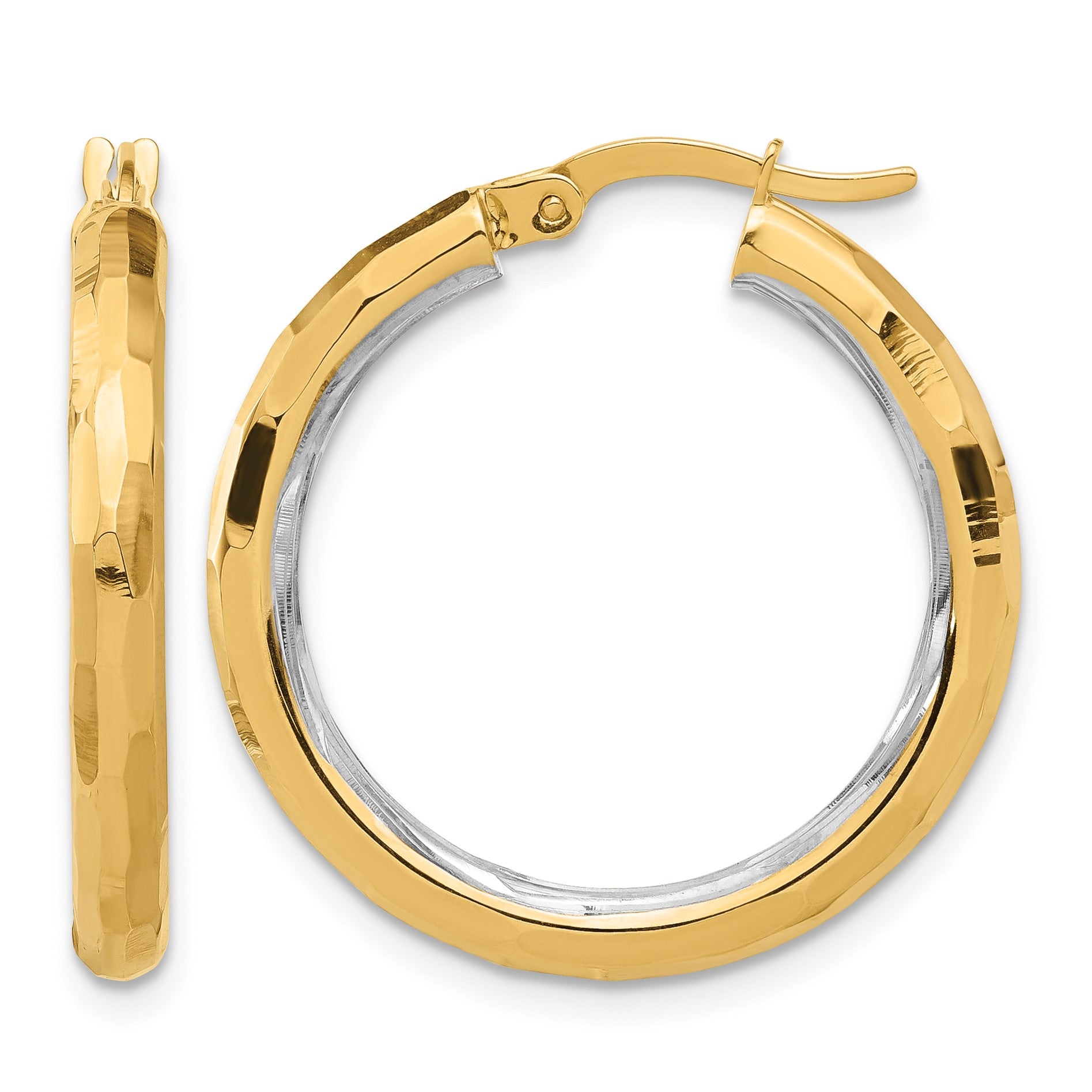 14K with White Rhodium Polished and Diamond-cut Hoop Earrings