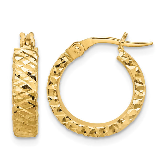 14K Polished 4mm Diamond Cut Hoop Earrings