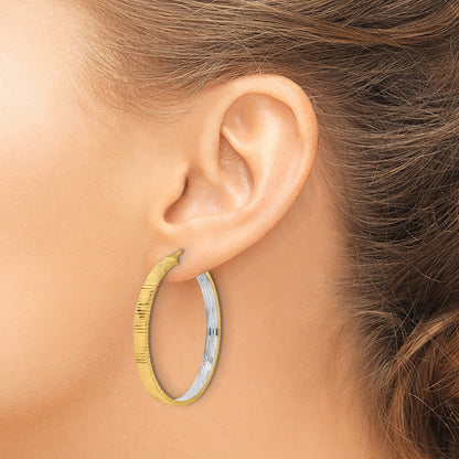 14K Polished and Rhodium Diamond-cut Circle Hoop Earrings