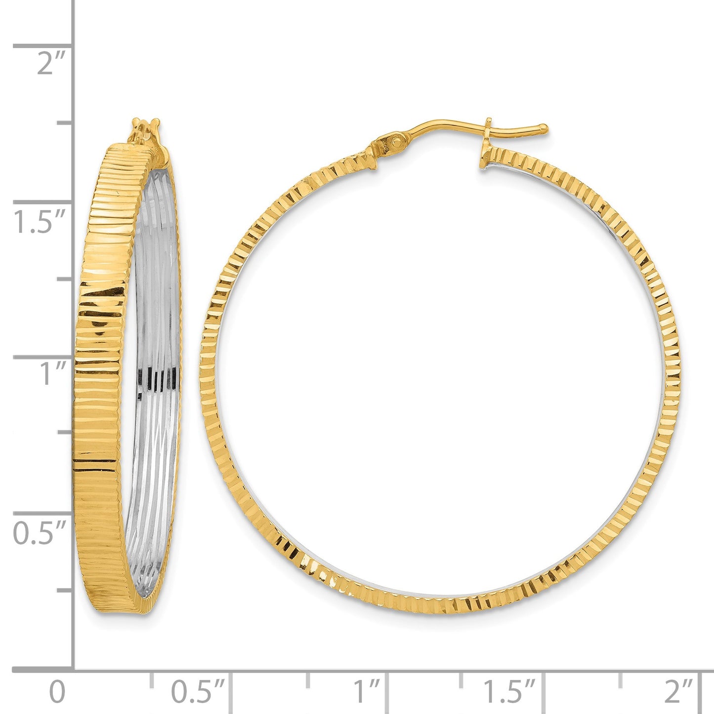14K Polished and Rhodium Diamond-cut Circle Hoop Earrings