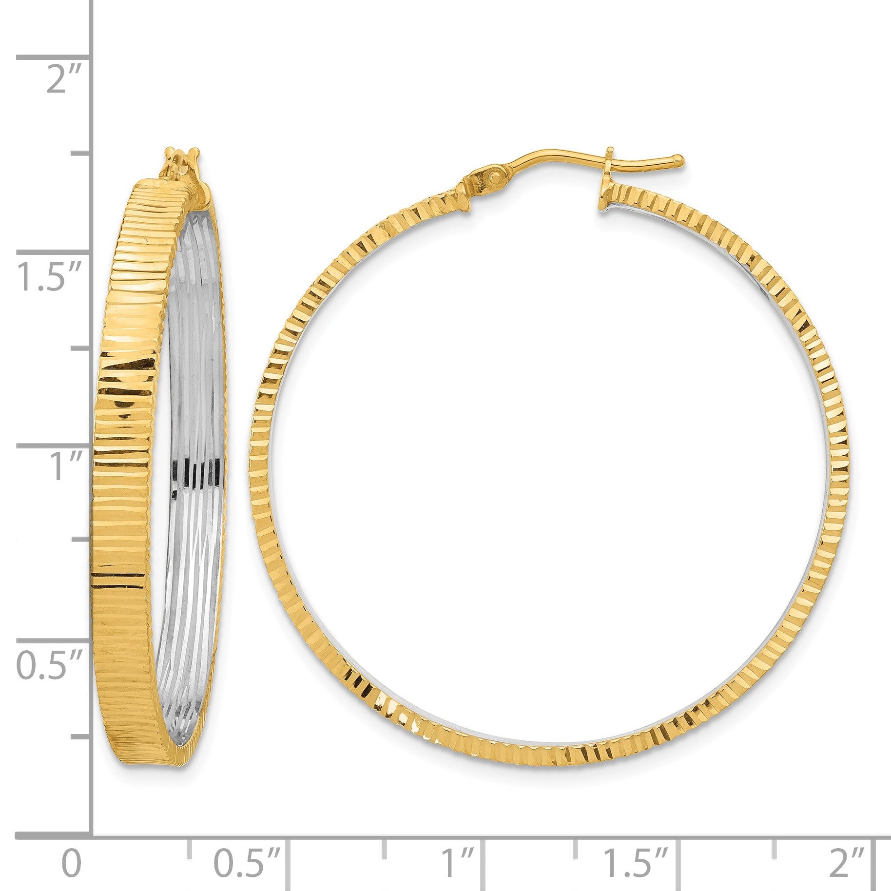 14K Polished and Rhodium Diamond-cut Circle Hoop Earrings