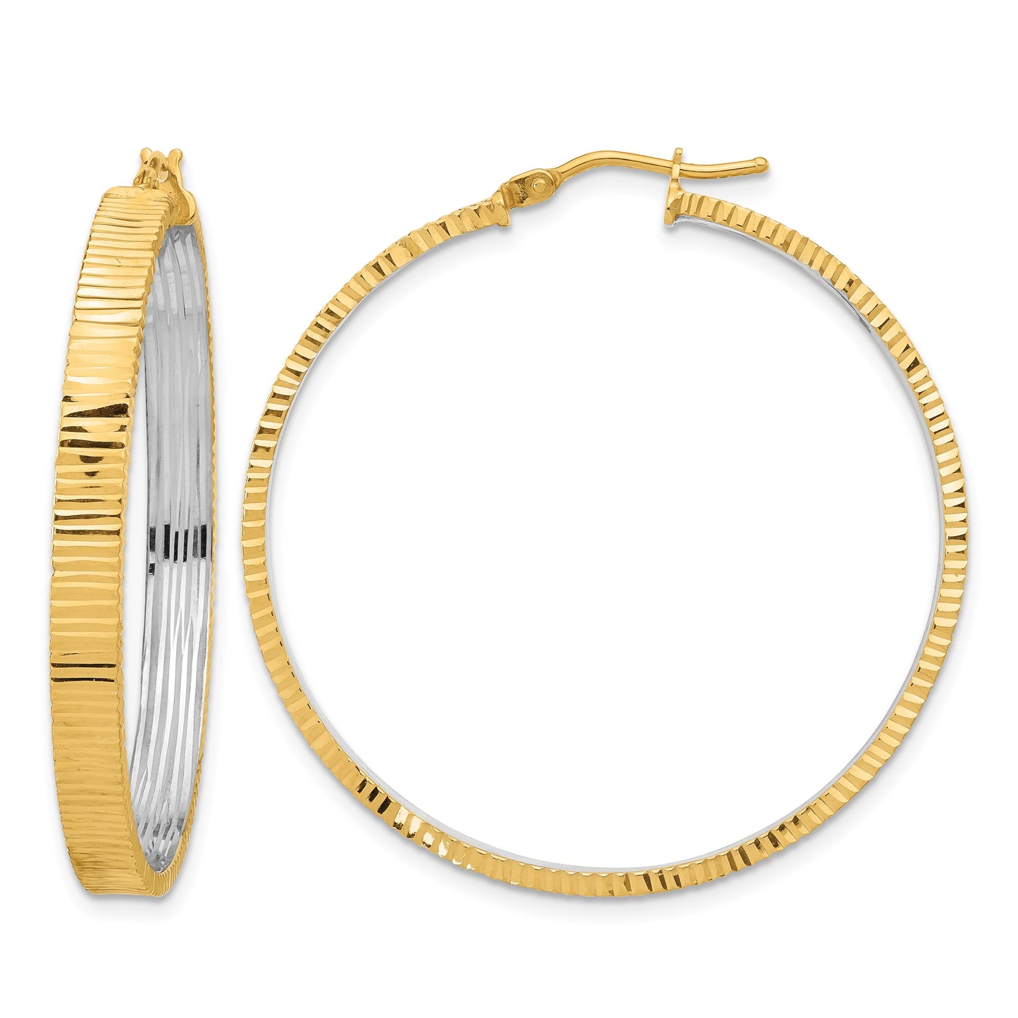 14K Polished and Rhodium Diamond-cut Circle Hoop Earrings