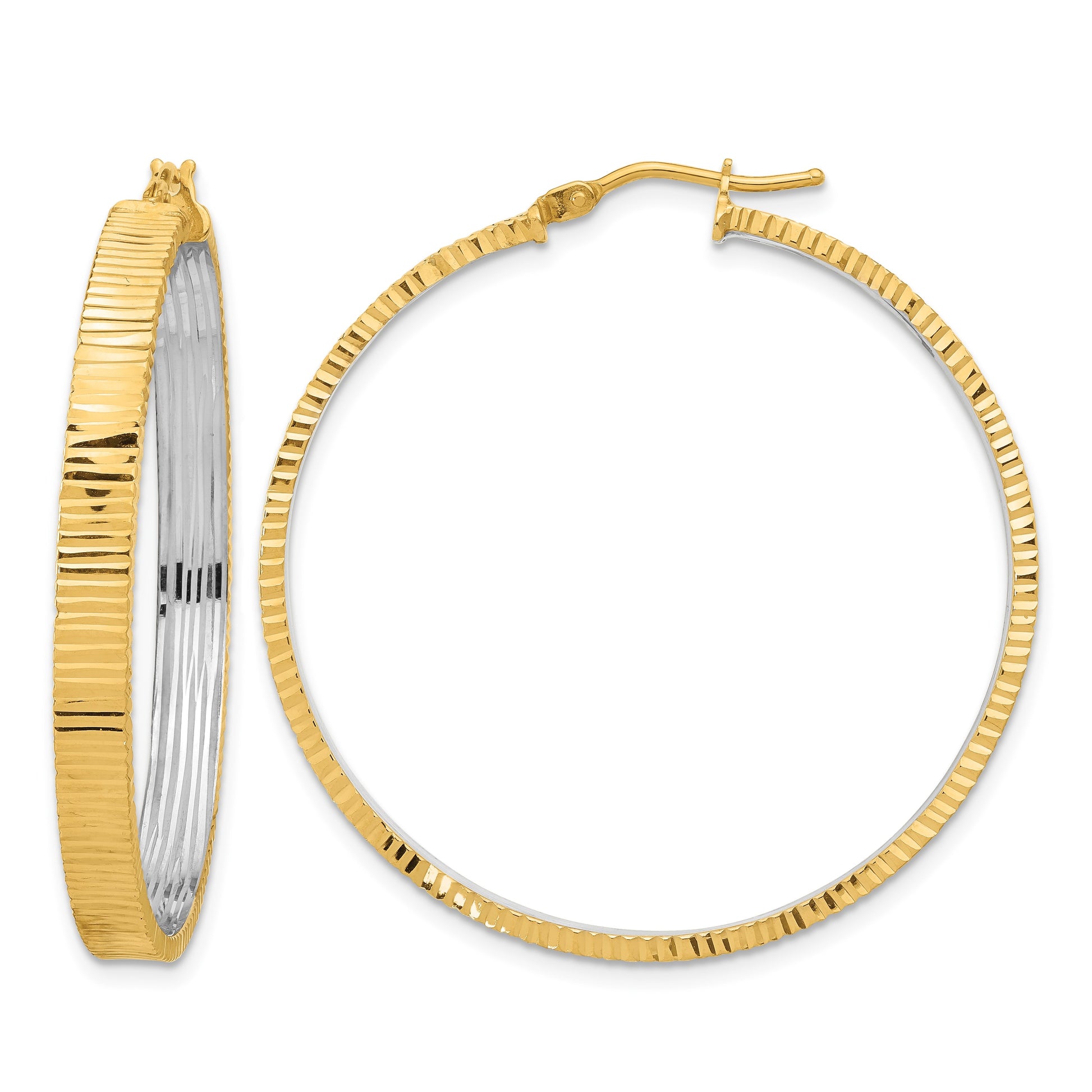 14K Polished and Rhodium Diamond-cut Circle Hoop Earrings